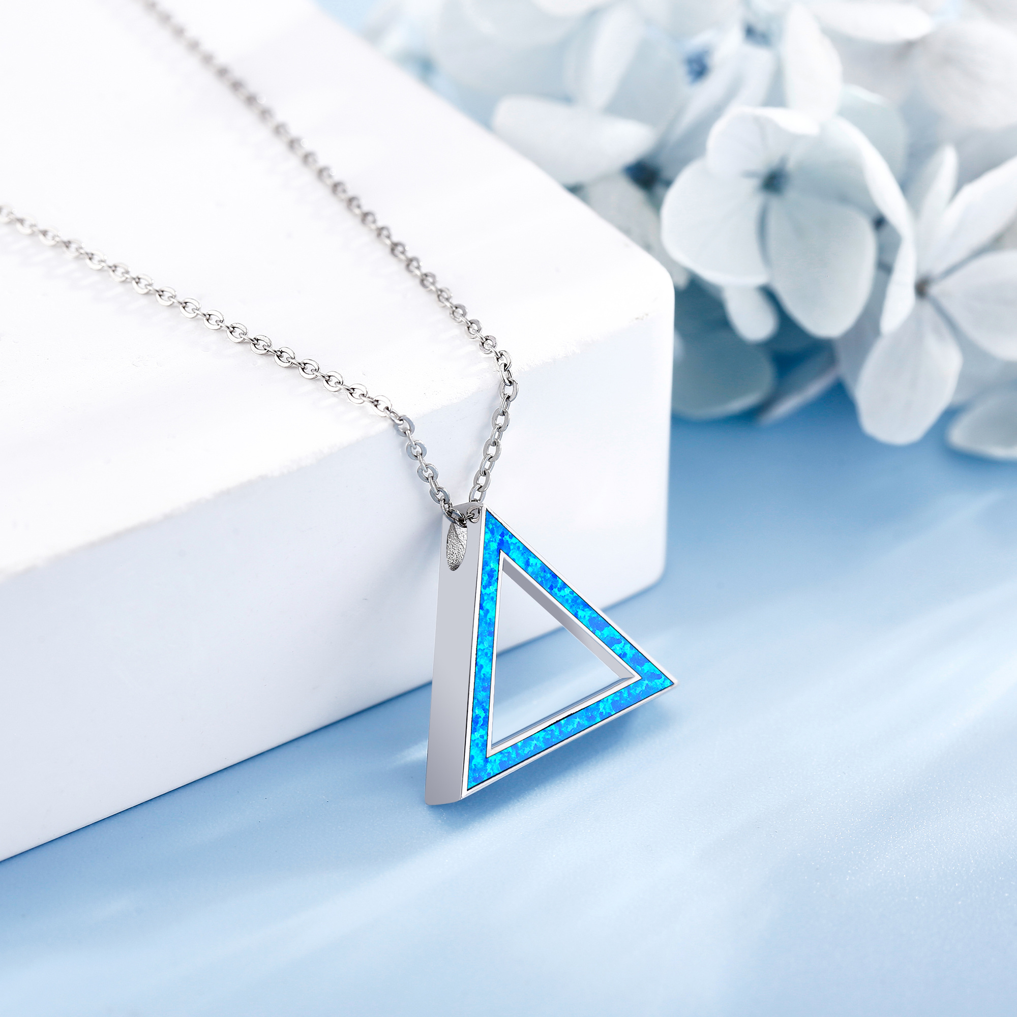925 Sterling Silver Triangle Necklace with Synthetic Opal